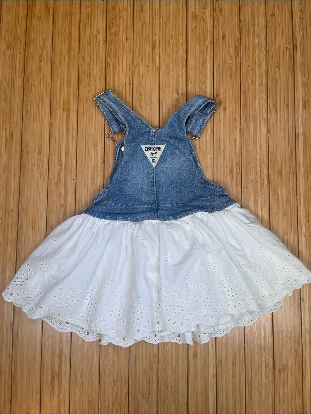 OshKosh B’Gosh Vestbak Bib Overall Dress Girls 2T Denim White Eyelet Lace Skirt